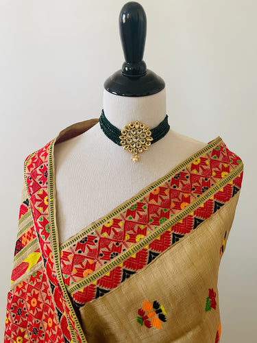 Assam Pure Muga Silk Saree | Natural Beige | Thread-work | Handwoven | Silk Mark Certified | GI Tag | Handloom Mark | Ships from California